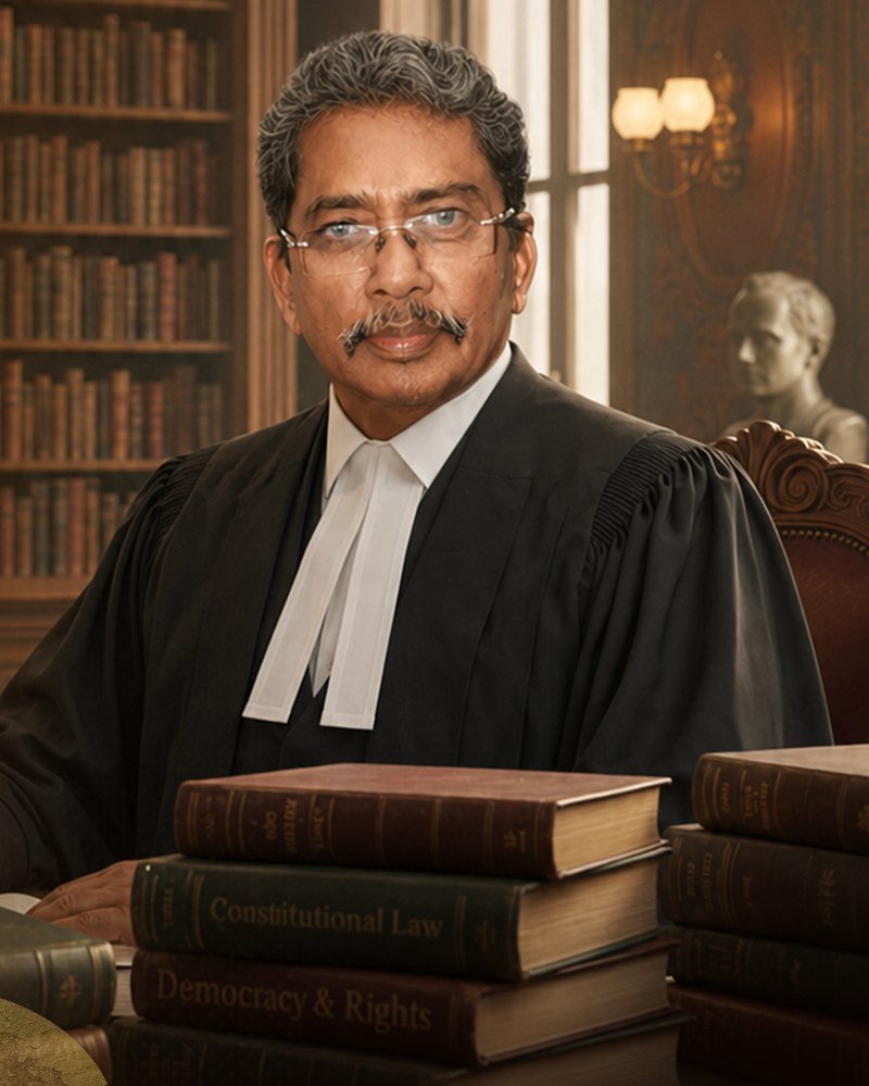 Late Mr. Prasanta Kumar Saha, founder of PKS India Legal LLP, in advocate&rsquo;s robes seated before a library of law reports.