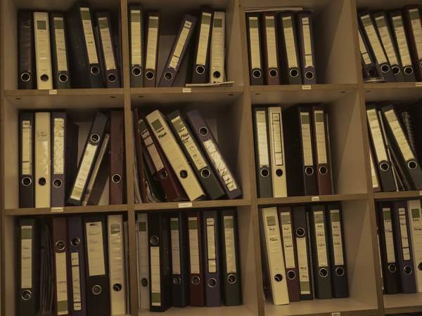 Shelves of ordered case files and binders.